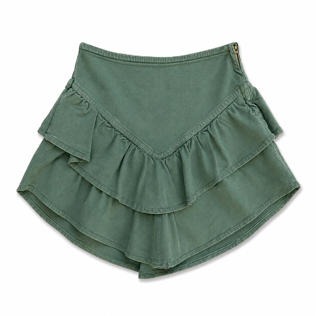 Mother The Ruffle Mini Skirt Loden Frost Green Tiered Denim Revolve Euc
